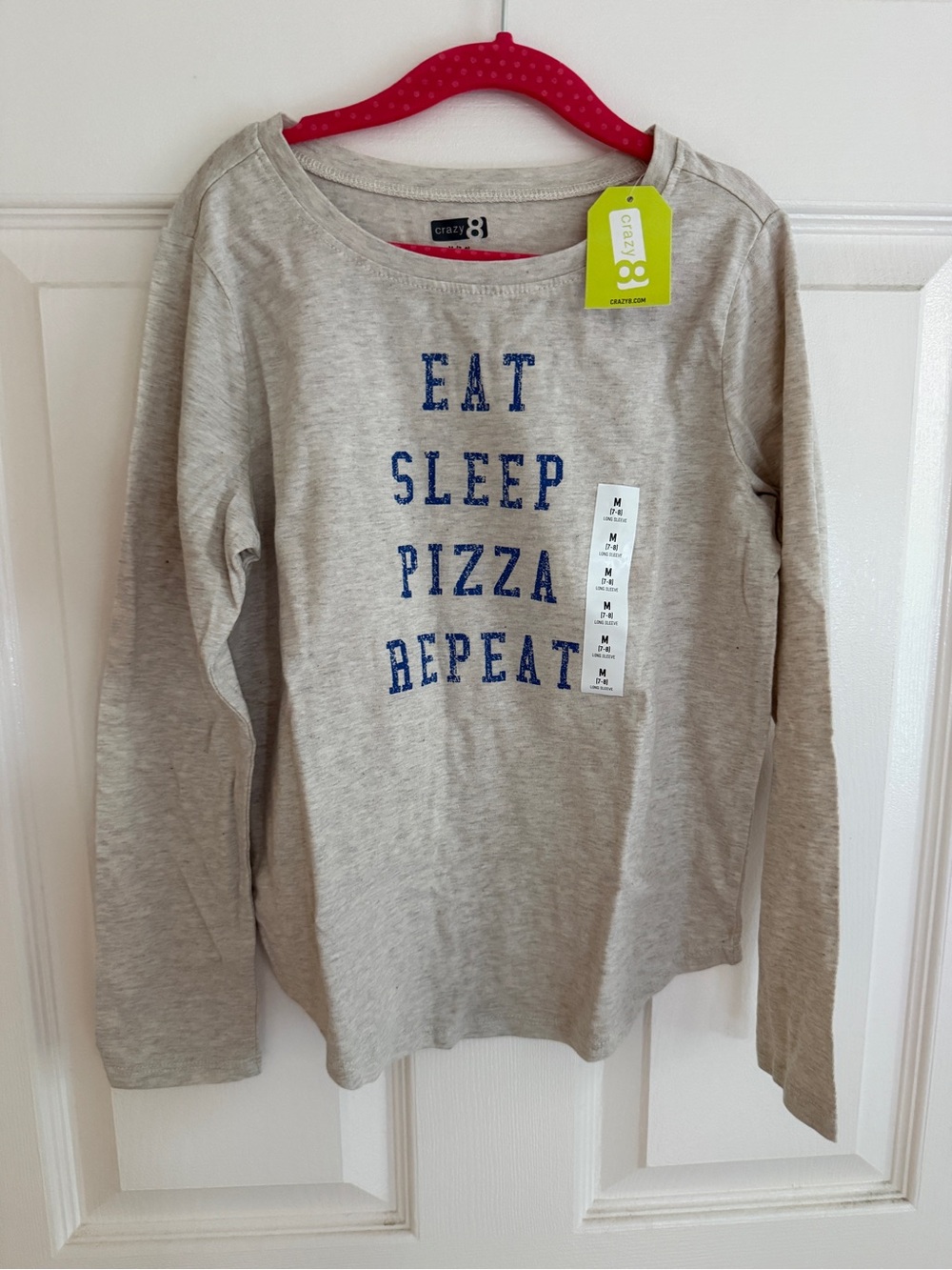 NWT Crazy 8 long sleeve Eat Sleep Pizza repeat tee, Size 7/8 Medium